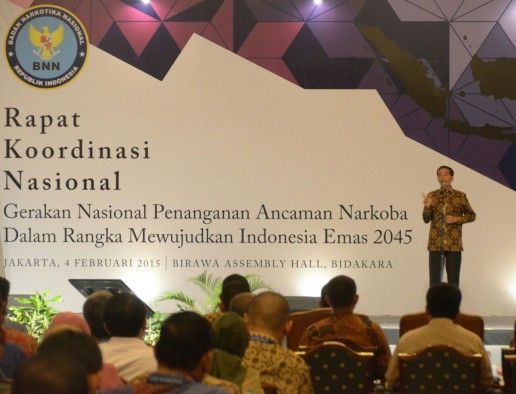Presiden Jokowi memberikan sambutan Pada Rakornas Darurat Narkoba, di Hotel Bidakara, Jakarta, Rabu (4/2)