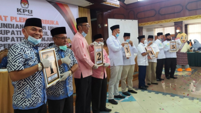 KPU Sijunjung gelar rapat pleno terbuka pengundian nomor urut pasangan calon Bupati dan Wakil Bupati Sijunjung untuk Pilkada 2020 di Gedung Pancasila, Muaro Sijunjung, Kamis (24/9/2020).