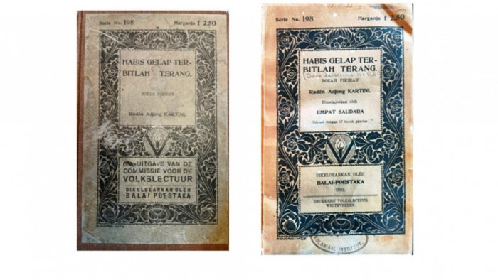 

Sampul luar (kiri) dan sampul dalam (kanan) Habis Gelap Terbitlah Terang hasil terjemahan “Empat Saudara” (Balai Poestaka, 1922).