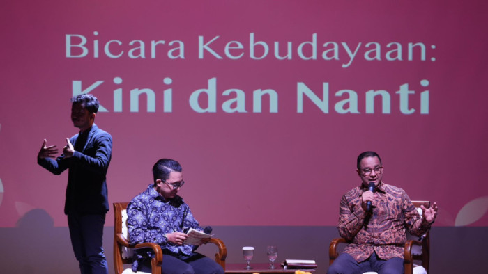 Anies dalam acara Merajut Persatuan, Anies Baswedan Bicang Kebudayaan: Tentang Kini dan Nanti, di Teater Wahyu Sihombing, Taman Ismail Marzuki (TIM), Jakarta, Kamis 24 Agustus 2023.
