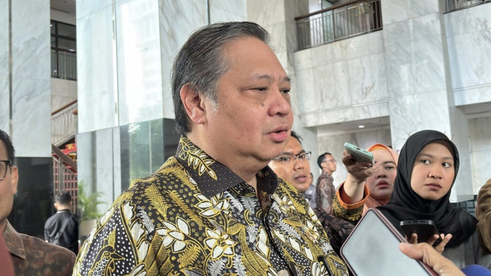 Menteri Koordinator Bidang Perekonomian, Airlangga Hartarto di Kantor Kementerian Keuangan, Jakarta, Jumat (23/5/2025). tirto.id/Nabila Ramadhanty Putri Darmadi.