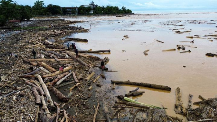 
Warga berada di antara potongan kayu gelondongan di pantai Air Tawar, Padang, Sumatera Barat, 28 November 2025. Antara/Iggoy el Fitra