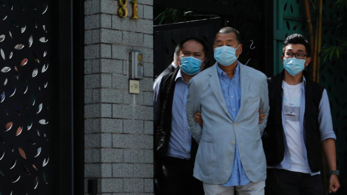 Pengusaha media Jimmy Lai Chee-ying ditahan unit keamanan nasional di Hong Kong, 10 Agustus 2020. Foto/REUTERS
